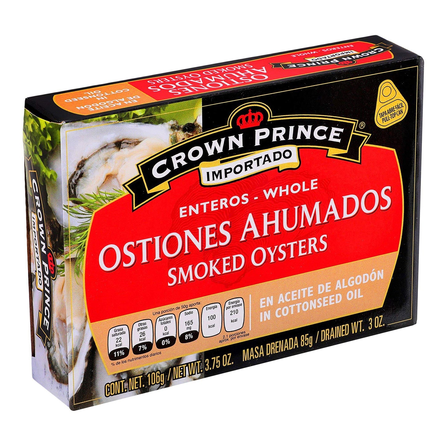 Crown Prince Ostiones Ahumados en Aceite Algodón, 106 g, 6 Unidades