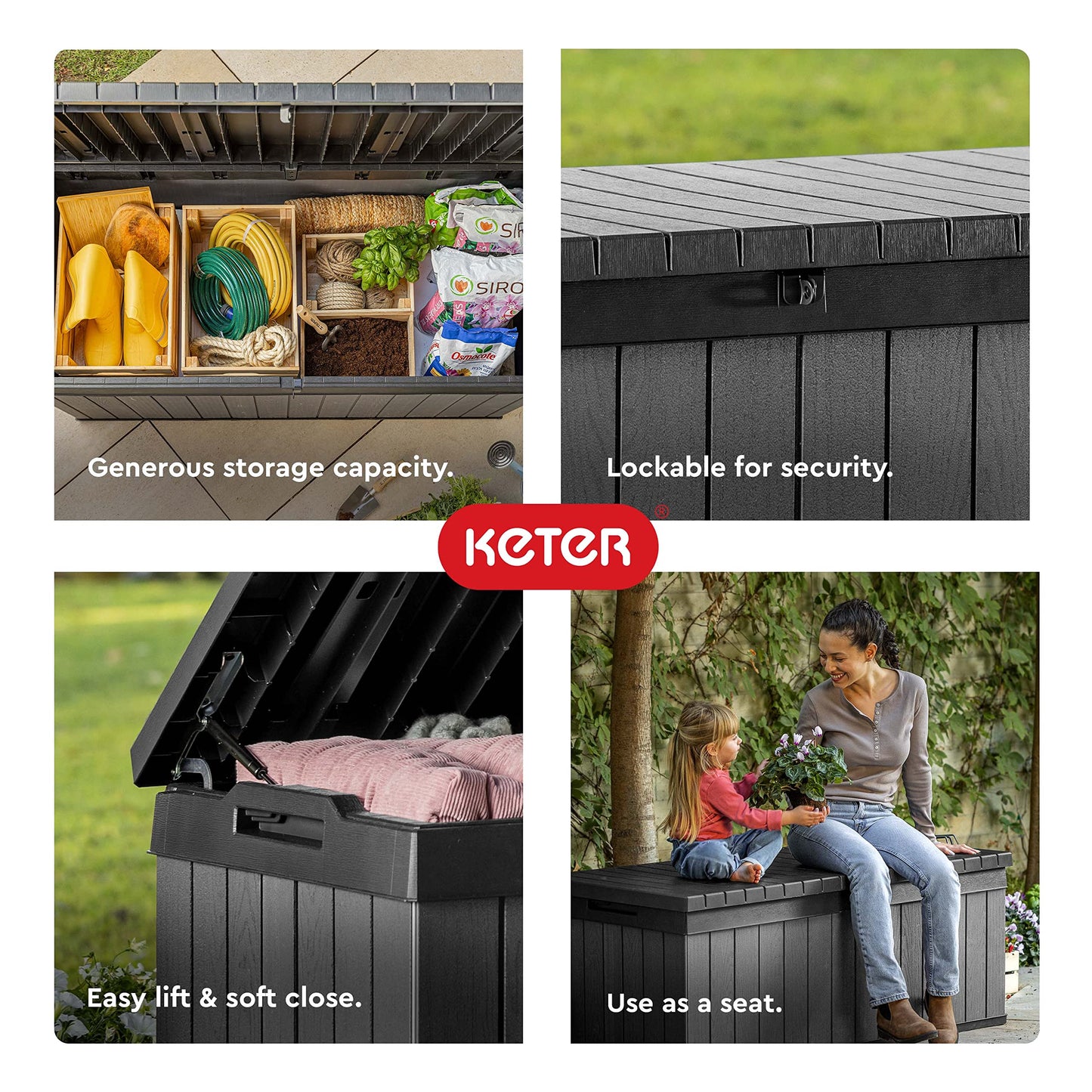 Keter - Caja grande de resina Keter Darwin de 100 galones, Almacenamiento para Jardin y Exteriores, Gris y Negro