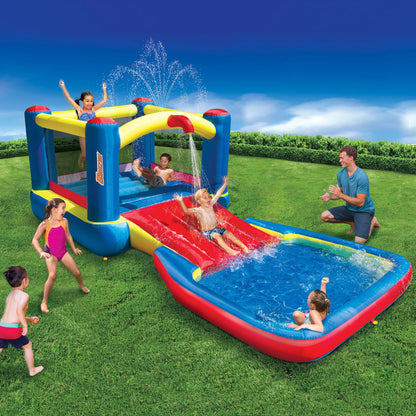 Banzai 35533 Bounce N Splash Water Park Centro de juego de actividades acuáticas con tobogán, estacas de puesta a tierra, bomba incluida y bolsa de almacenamiento portátil de viaje