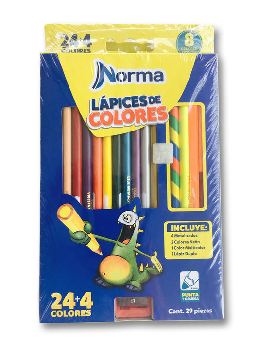 Norma - Colores Norma - Paquete de dos cajas de colores norma de 28 colores cada una - 4 Colores Metalizados - 2 Colores Neón - 1 Color Multicolor - Sacapuntas Incluido