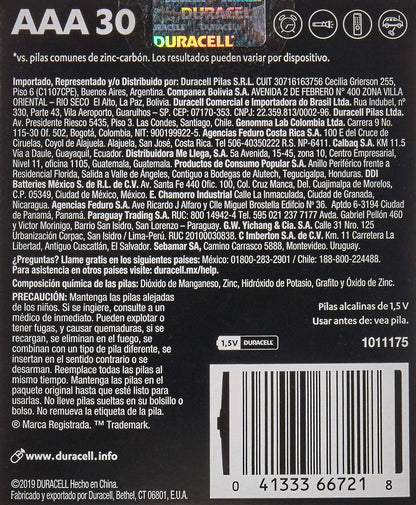 DURACELL - Pilas AAA Alcalinas, Baterías AAA de Larga Duración 1.5V, Caja Con 6 Paquetes de 5 Pilas, Total 30 Pilas