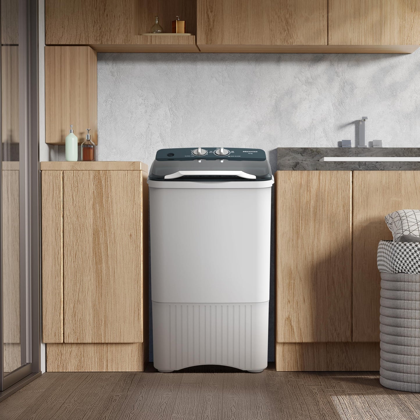 Hisense Lavadora WSFF1501, Semiautomática, 15 Kg, Temporizador de Lavado y Centrifugado, 55x52x91cm(AnchoxLargoxAlto), Blanco/Gris