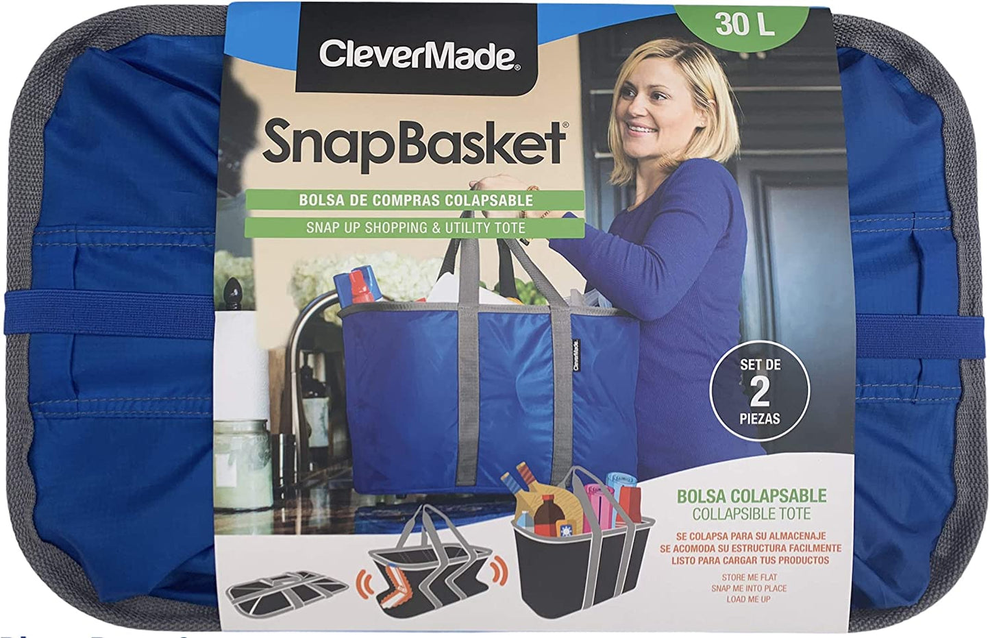 CleverMade - Bolsa de Compras Plegable de (30 L - 13.6 kg), color Azul y Gris, Set 2 pza, especial para tod