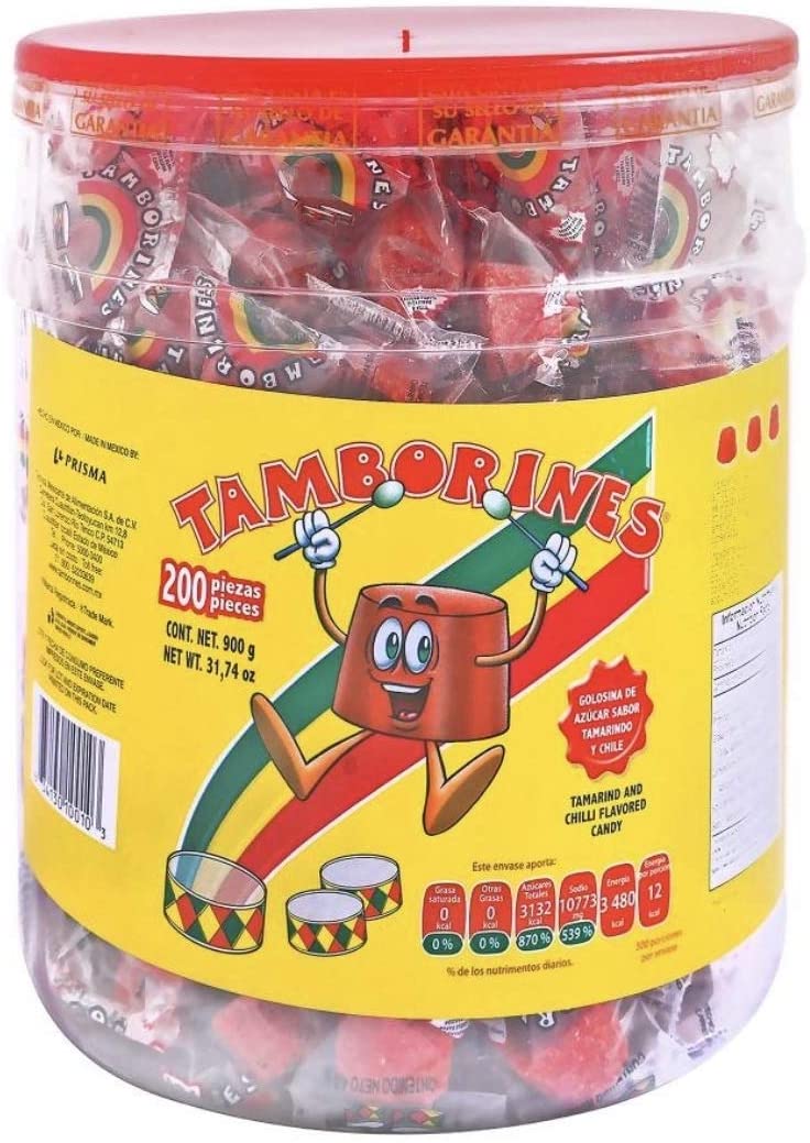 DULCES TAMBORINES DE AZÚCAR PRISMA VITROLERO CON 200 PIEZAS GOLOSINA BOTANA SNACK FIESTA NEGOCIO