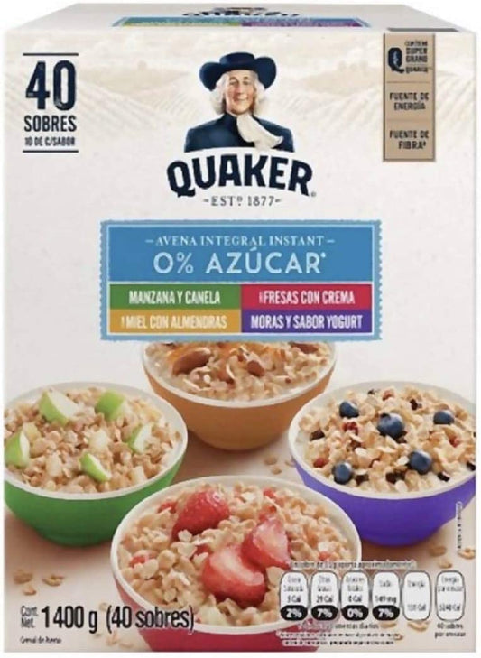 AVENA CEREAL SURTIDO DE AVENA QUAKER 0% AZUCAR CAJA CON 40 PIEZAS TOTAL 1.4 KG DESAYUNO CENA NEGOCIO SNACK