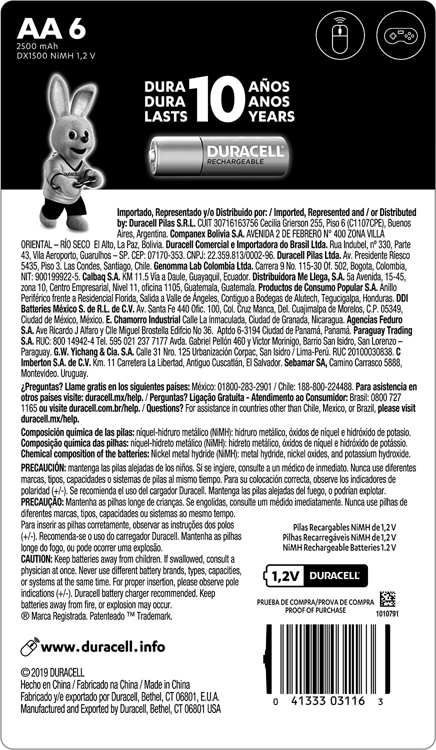 Duracell Doble A Pre-cargadas Con 2 500 Mah, Hasta 100 Recargas, Contiene 1 Paquete Con 6 Unidades