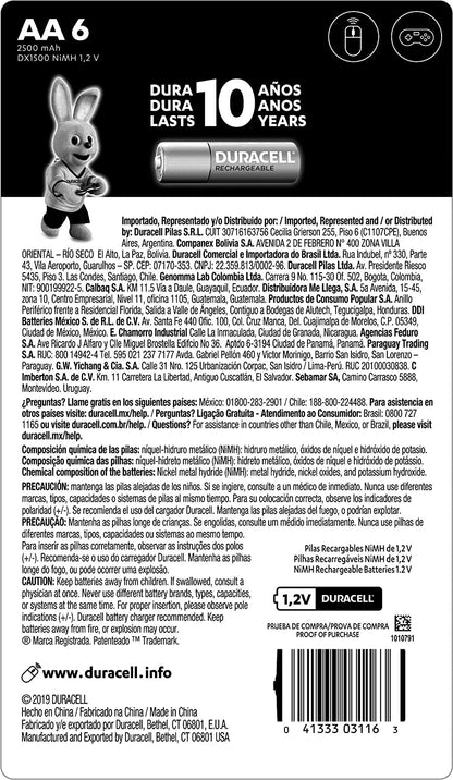 Duracell Doble A Pre-cargadas Con 2 500 Mah, Hasta 100 Recargas, Contiene 1 Paquete Con 6 Unidades