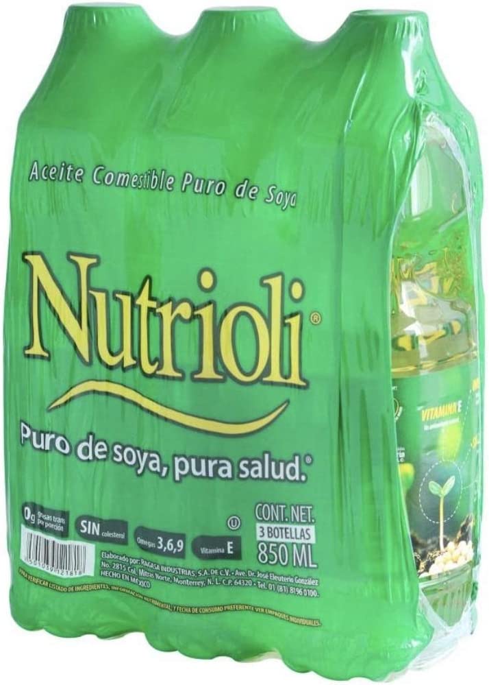 ACEITE DE COCINA NUTRIOLI PURO DE SOYA PAQUETE DE 3 PIEZAS DE 850 ML C/U COCINA DESAYUNO CENA NEGOCIO RESTA