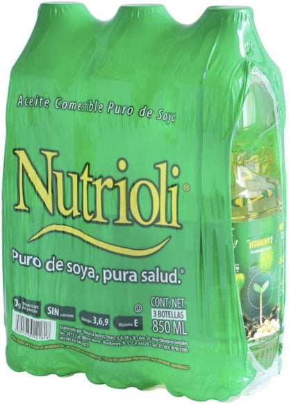ACEITE DE COCINA NUTRIOLI PURO DE SOYA PAQUETE DE 3 PIEZAS DE 850 ML C/U COCINA DESAYUNO CENA NEGOCIO RESTA