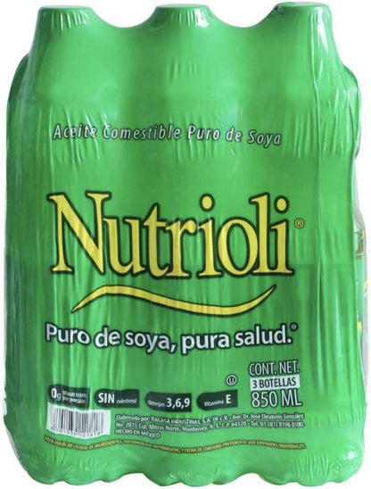 ACEITE DE COCINA NUTRIOLI PURO DE SOYA PAQUETE DE 3 PIEZAS DE 850 ML C/U COCINA DESAYUNO CENA NEGOCIO RESTA