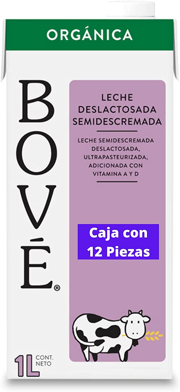 Bové Leche Deslactosada semi-descremada, 1L x 12 piezas, Ultrapasteurizada, Adicionada con Vitamina A