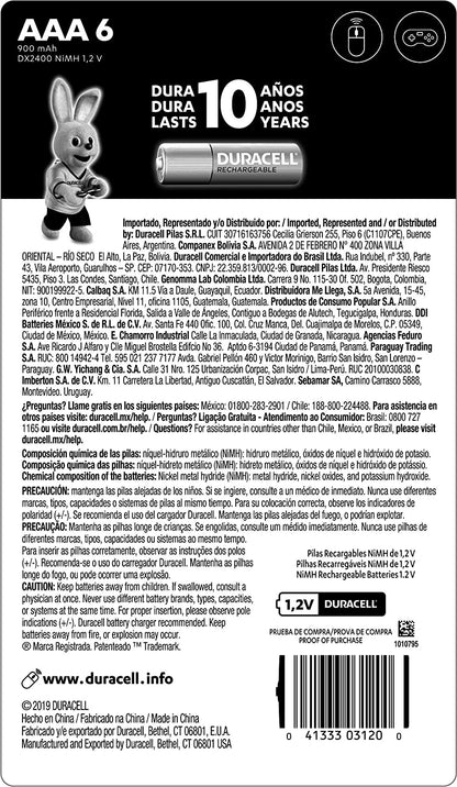 Duracell AAA Pre-cargadas con 900 Mah, hasta 100 Recargas, Contiene 1 Paquete con 6 Unidades, Color, 6