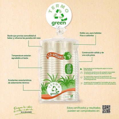 Vaso desechable Biodegradable Termo Green Bio de 10 oz