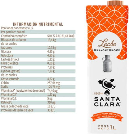 Leche Deslactosada, Leche Santa Clara, 12 pack - 1l/caja