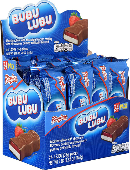 CHOCOLATES BUBULUBU RICOLINO Delicioso Malvavisco con jalea de Fresa y cubierta de Chocolate 24 piezas