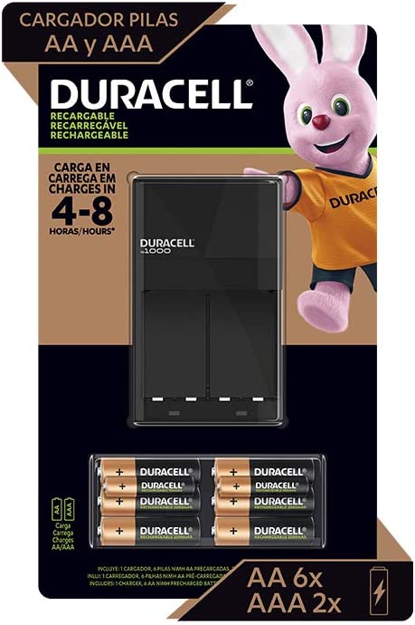 Duracell Doble A Pre-cargadas, Apto Para Cargar Aa Y Aaa, 1 Paquete Con 1 Cargador Y 6 Pilas 3A Y 2 A
