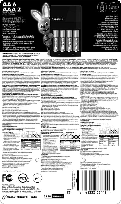 Duracell Doble A Pre-cargadas, Apto Para Cargar Aa Y Aaa, 1 Paquete Con 1 Cargador Y 6 Pilas 3A Y 2 A