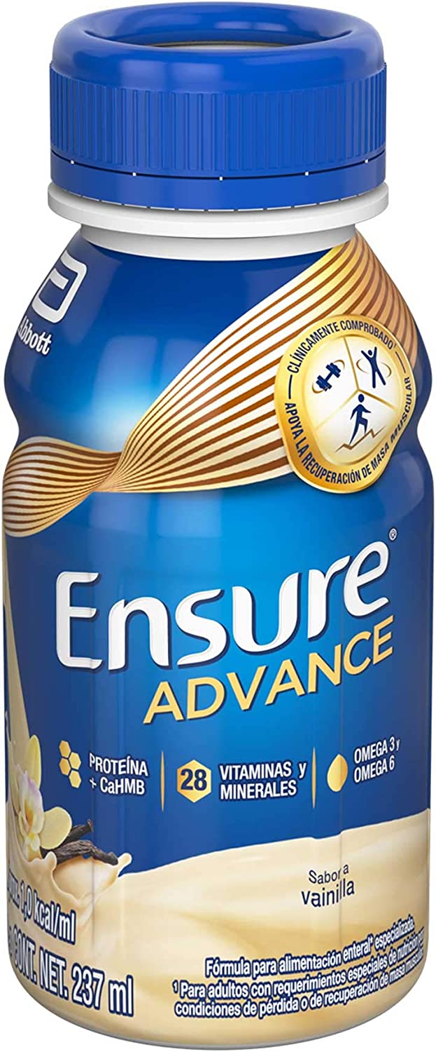 Ensure Advance Vainilla + Fresa, Caja con 12 Botellas de 237 ml (10 Vainilla y 2 Fresa), Alimentación Espec