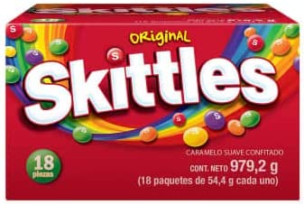 Skittles Original 18 paquetes de 54.4 g c/u, total 972.2 gr, Caramelo suave confitado