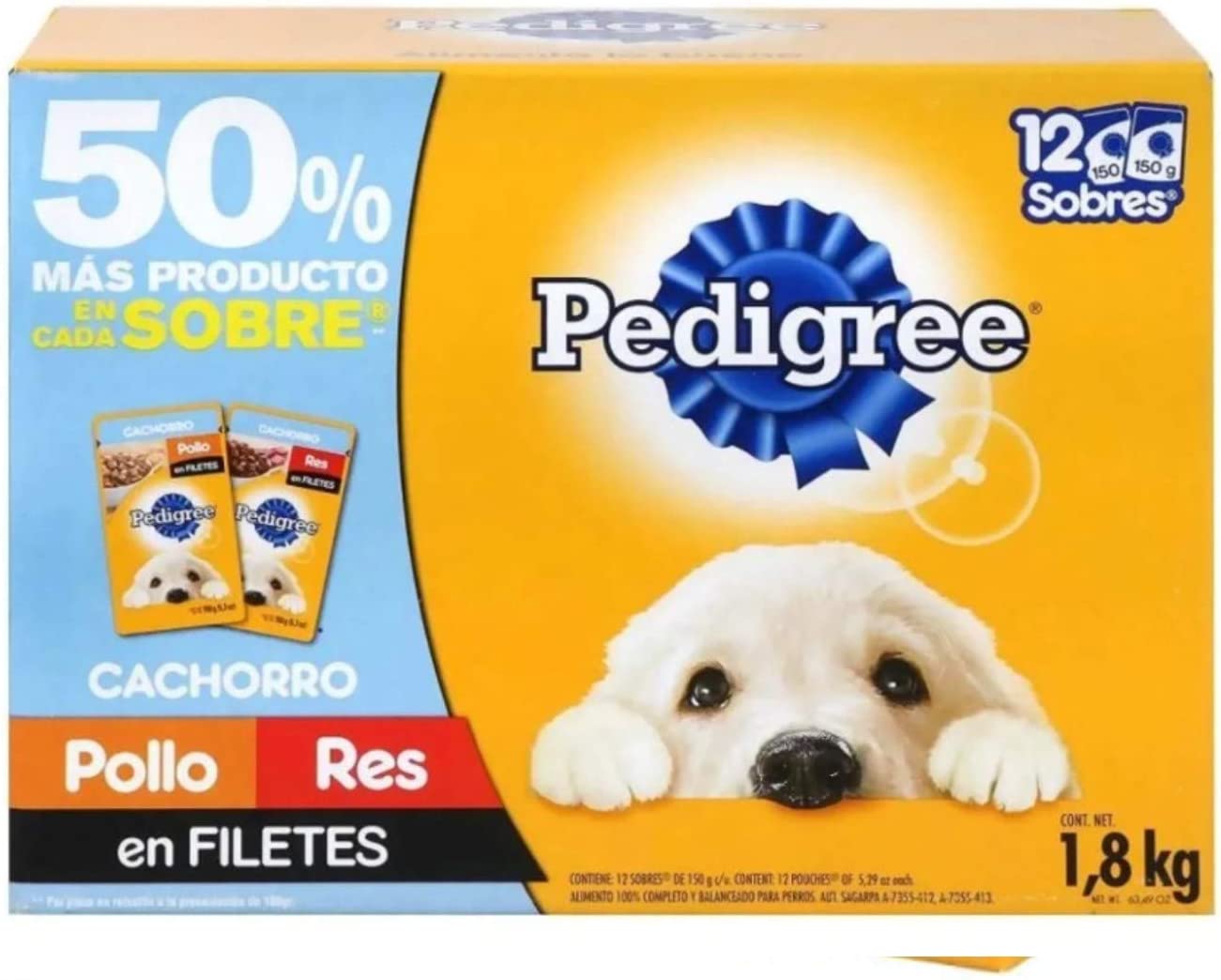 P Alimento para Perro 12 Sobres de 150g Pollo-Res en filetes Cachorro Pedigree