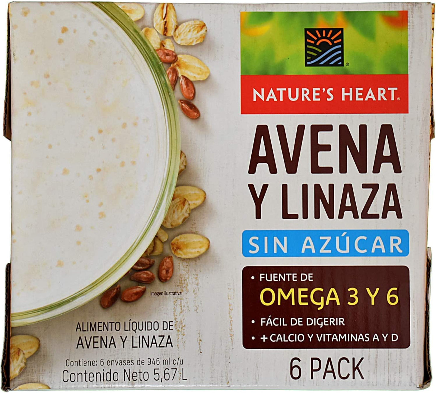 Natures Heart Bebida sabor avena y linaza 6 Pack de 946 ml (5.67 litros). Sin Azúcar, Vegano